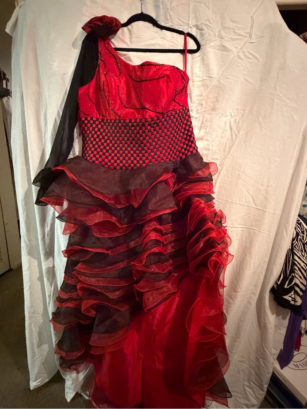 Red Ruffled One-Shoulder Evening Dress